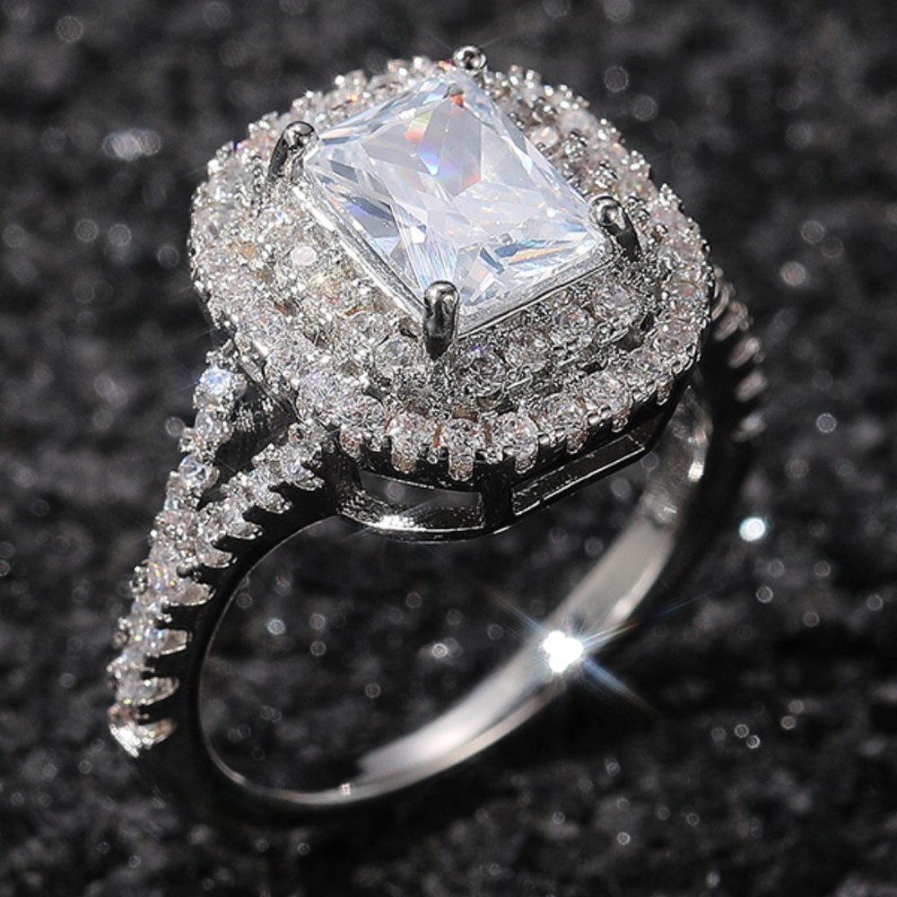 💥DOUBLE LAYER 14K WHITE GOLD RADIANT CUT PURE CZ LUXURY WEDDING RING, K856